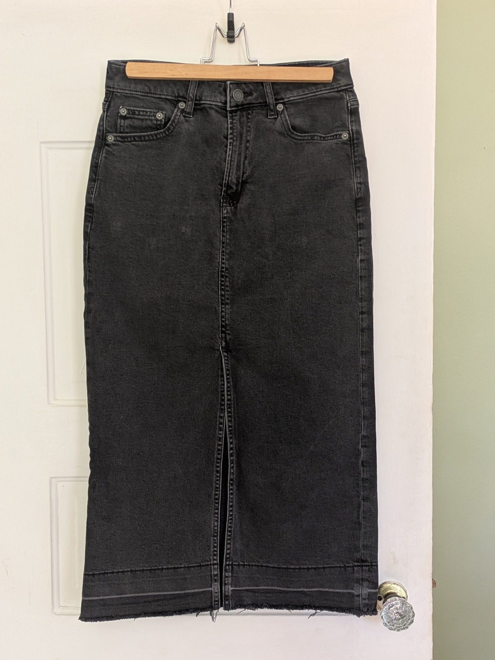 Gap black denim maxi skirt with frayed hem